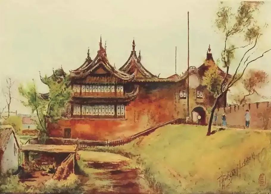 1908年,英国画家李德尔绘制的大境阁水彩画作