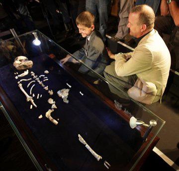 Professor Lee Berger, of the University of the Witwatersrand, right, and his son, Matthew, left, at the reveal of one of two nearly 2 million-year-old skeletons unearthed in South Africa, at Maropeng, near Johannesburg, Thursday, April 8, 2010. (AP Photo/Denis Farrell)