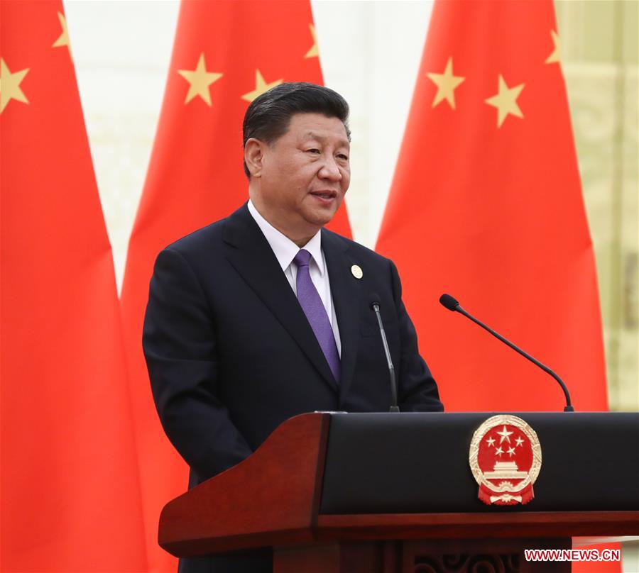 Chinese President Xi Jinping delivers a speech at a banquet in honor of guests who are in Beijing to attend the Conference on Dialogue of Asian Civilizations (CDAC), May 14, 2019. Xi and his wife Peng Liyuan hosted the banquet in Beijing on Tuesday. (Xinhua/Ju Peng)