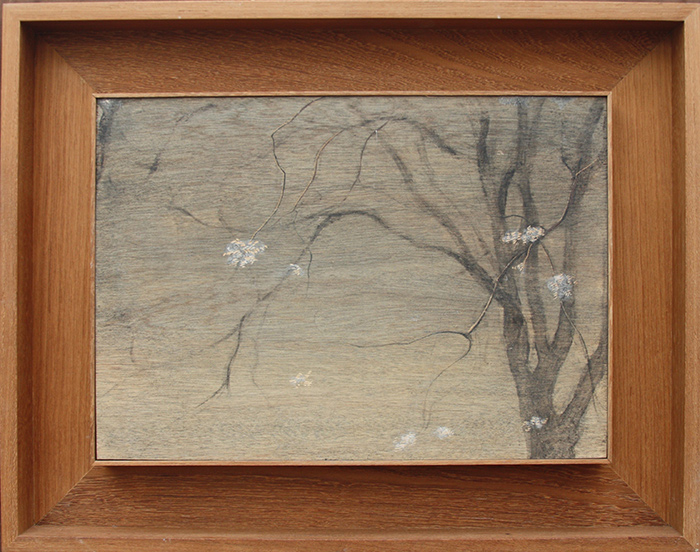 胡昌茕《槐树的春芽》木板 矿物质色粉坦培拉 30×42cm