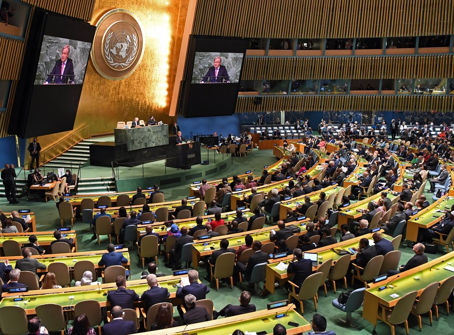 UN Secretary-General Antonio Guterres (at the podium and on the screens) speaks during the opening of the General Debate of the 77th session of the UN General Assembly at the UN headquarters in New York, Sept. 20, 2022. (Xinhua/Li Rui)