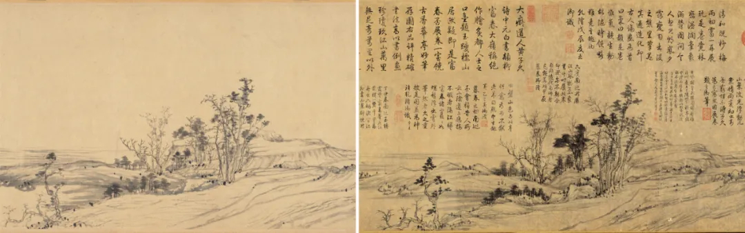 《富春山居图》&ldquo;无用师卷&rdquo;（左）与&ldquo;子明卷&rdquo;（右）细节对比。本版图/台北故宫博物院藏