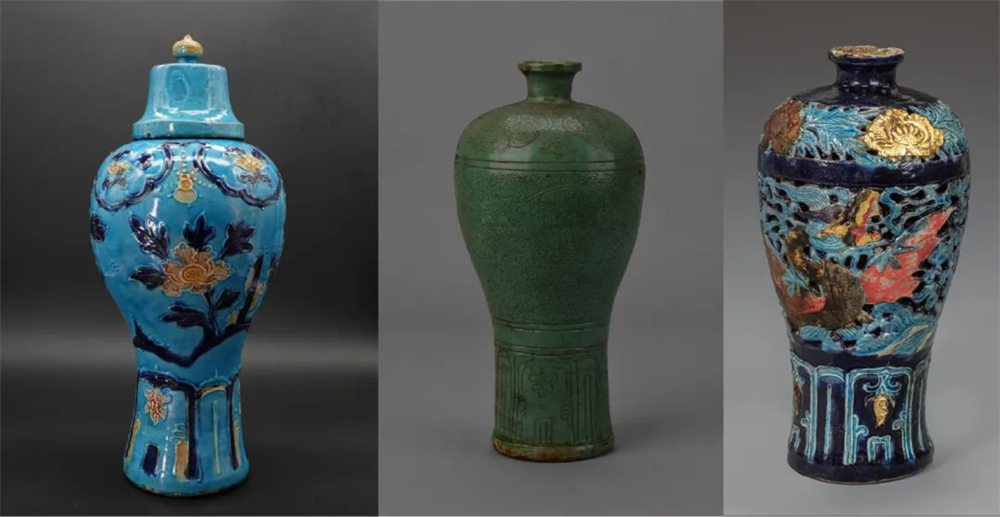 左：珐华梅瓶 中：绿釉梅瓶 右：珐华贴金梅瓶
