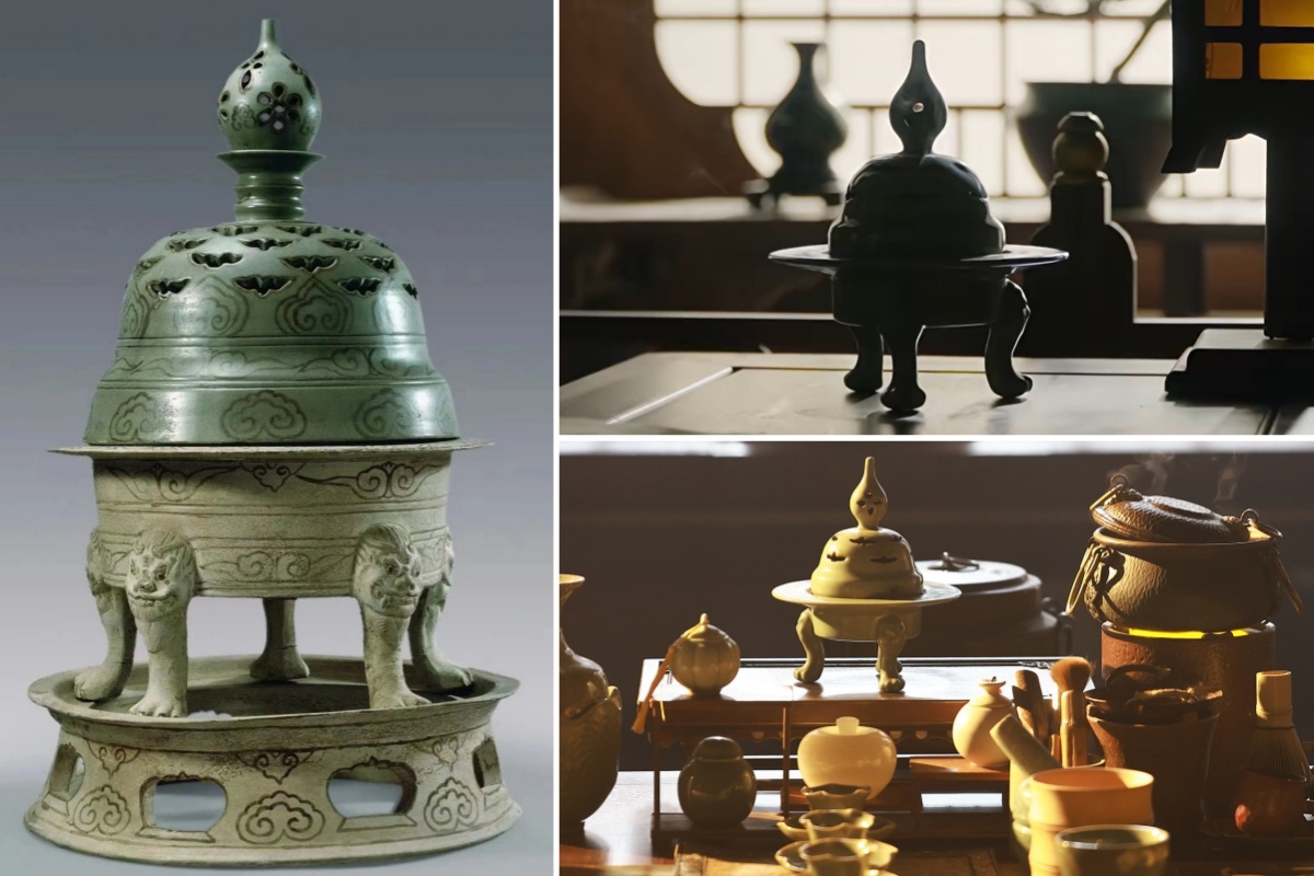 左图为临安博物馆藏越窑青瓷褐彩云纹熏炉