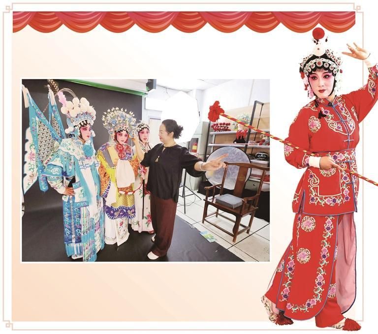 近日，电视剧《主角》热播，追剧之余，不少市民热衷于穿戏服、上戏妆，扮成《主角》中的经典戏曲角色。上图为5月27日，在西安秦风影社工作室，戏曲妆造师辛红侠指导戏迷摆造型。右图为戏迷装扮的戏曲人物杨排风。阮班慧 摄