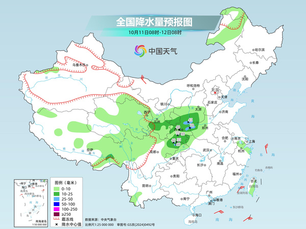 央视网10月11日天气报道所附全国降水预报图，显示陕西、河南等地降水分布